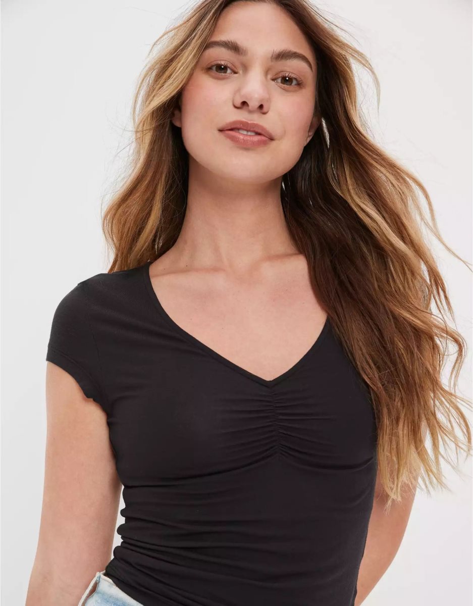 T Shirts American Eagle AE Soft & Sexy Cinch-Front Tee Noir Femme | IKC-61815173